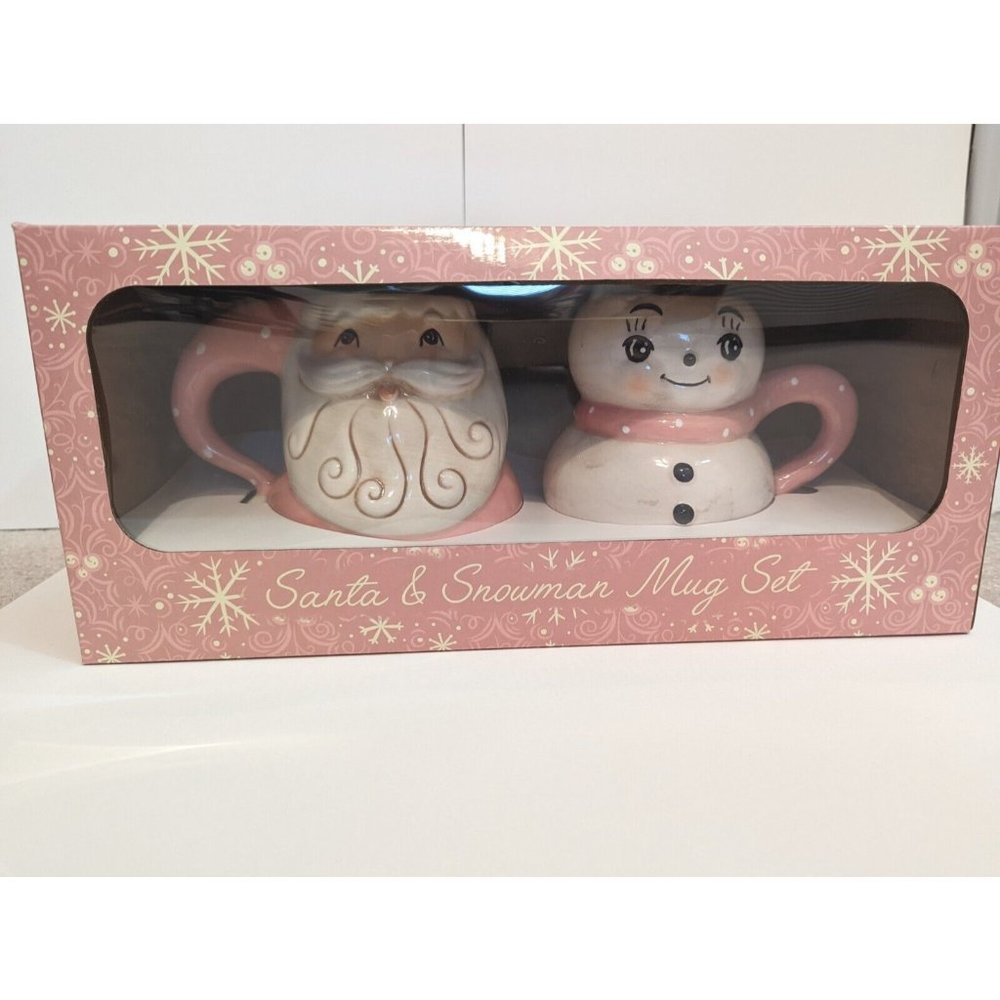 Brand New Johanna Parker Pink Santa & Snowman Christmas Mug Set New in Box